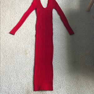 Red Ribbed Long Sleeve Bodycon Dress